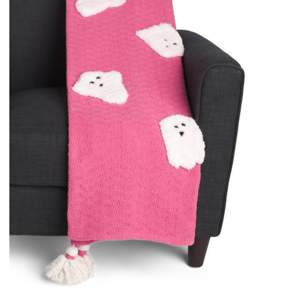 Rachel Zoe Halloween GHOSTS Blanket Throw Tassels Faux Fur 50 x 70 Pink NWT Gift - Picture 1 of 6